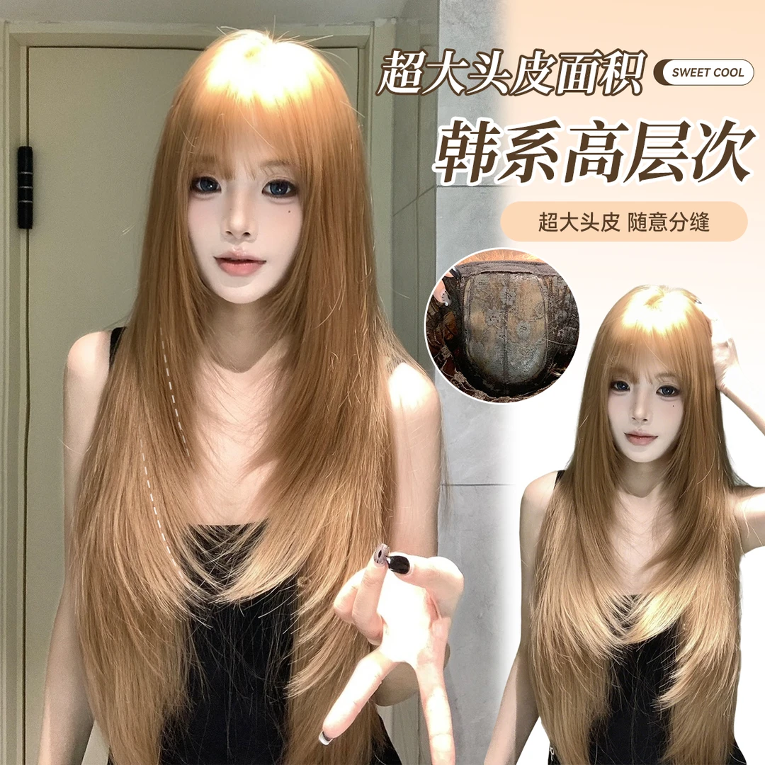 【加州辣妹大头皮】束朵高层次香槟金长直发Lolita齐刘海女款全头套