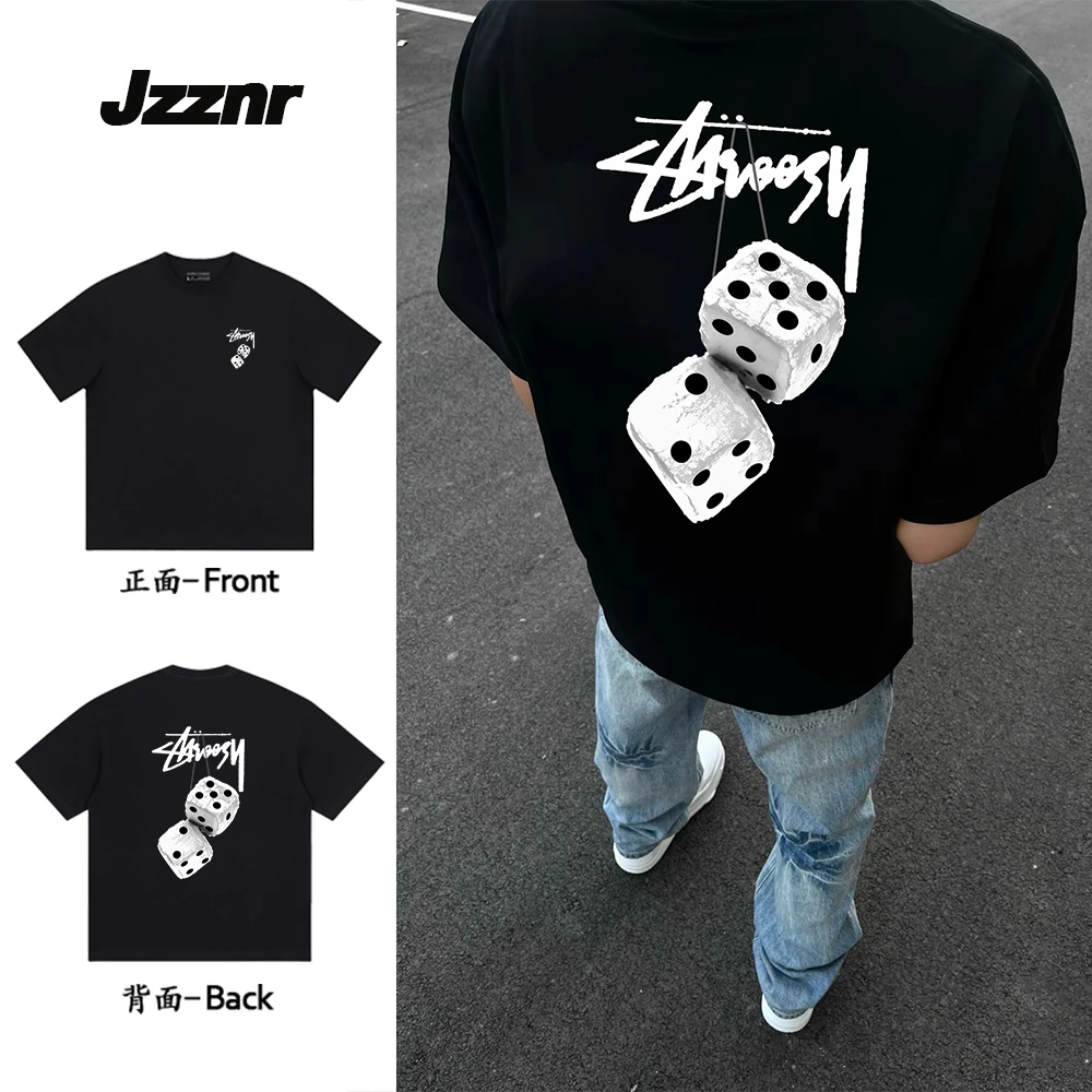 美式高街骰子图案男生圆领短袖T恤重磅纯棉宽松落肩上衣情侣款