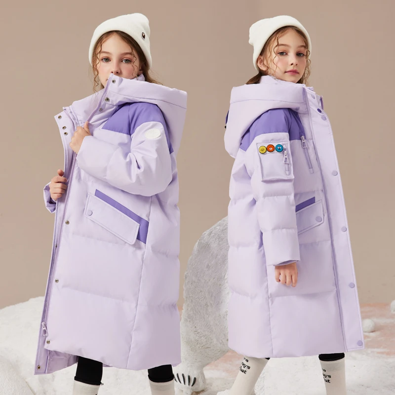 3QR儿童羽绒服2025新款中长款女童中大童冬季加厚保暖连帽外套