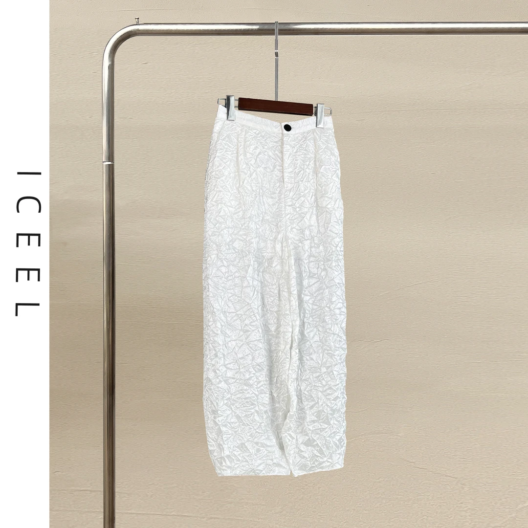 原创夏季新款高级感醋酸休闲裤女压褶贵气名媛宽松显瘦阔腿奶奶裤