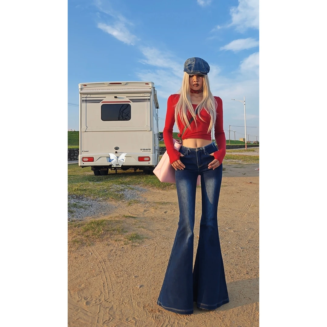 【低腰毛边】AOAOMISSSHOP鳌鳌家秋深蓝色弹力牛仔紧身大喇叭裤37-1