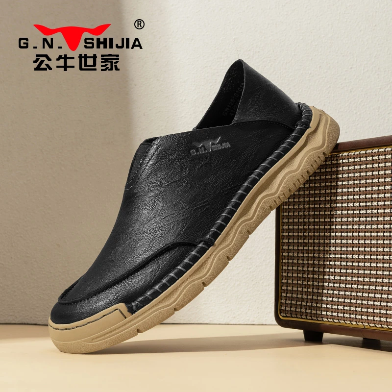 公牛世家男士一脚蹬开车鞋英伦风车缝线休闲皮鞋豆豆鞋潮流休闲鞋