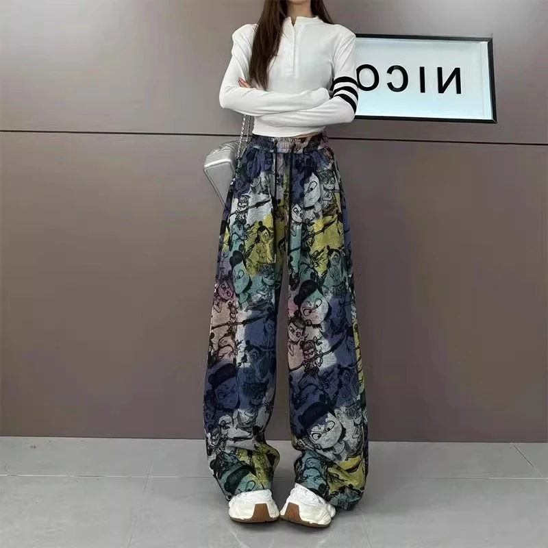 大码扎染魔童哪吒印花直筒裤女夏季新款薄款宽松百搭阔腿裤裤子女