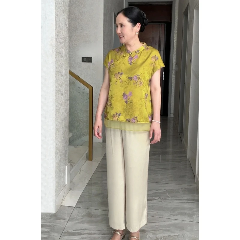 2025夏季时尚薄款气质中老年女装中式修身印花复古旗袍立领上衣