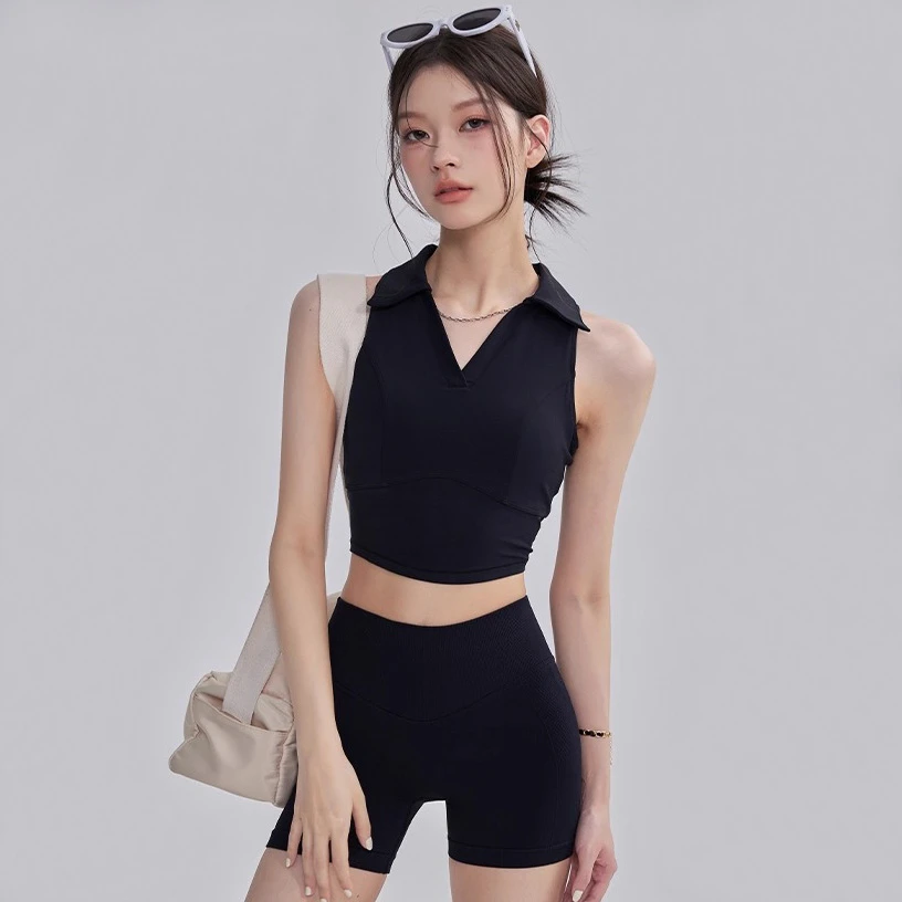 一体式运动内衣女辣妹V领瑜伽服套装防震跑步外穿背心速干健身衣