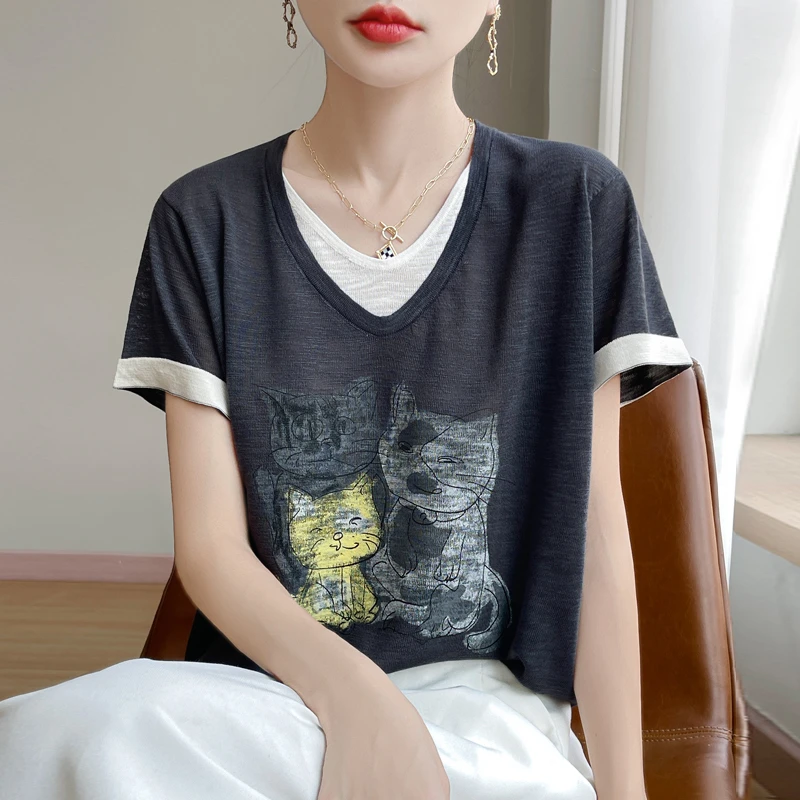小猫印花！假两件拼色竹节麻针织短袖t恤女2025夏季新款薄款上衣