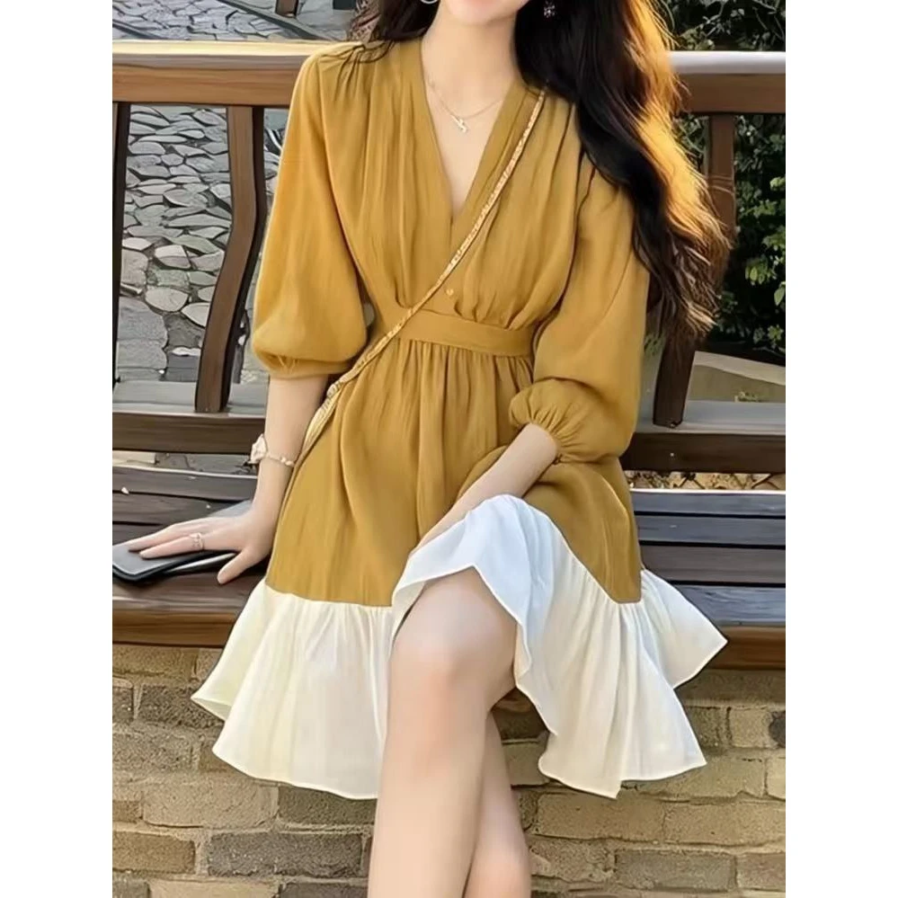 黄色撞色拼接衬衫连衣裙开春浅春系气质穿搭法式漂亮独特显瘦裙子