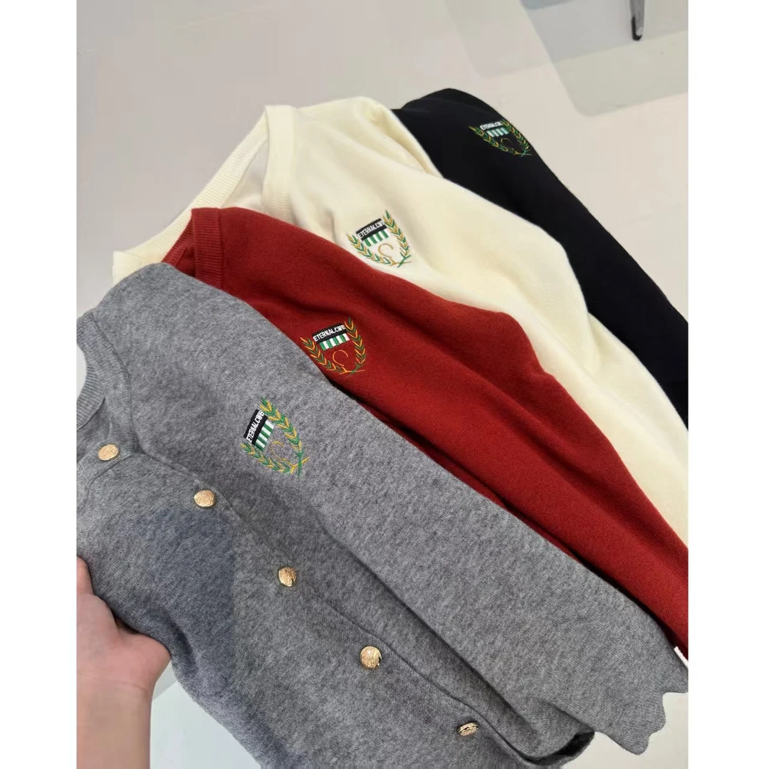 圆领刺绣开衫2025春季新款针织开衫宽松纯色设计感百搭显瘦上衣女