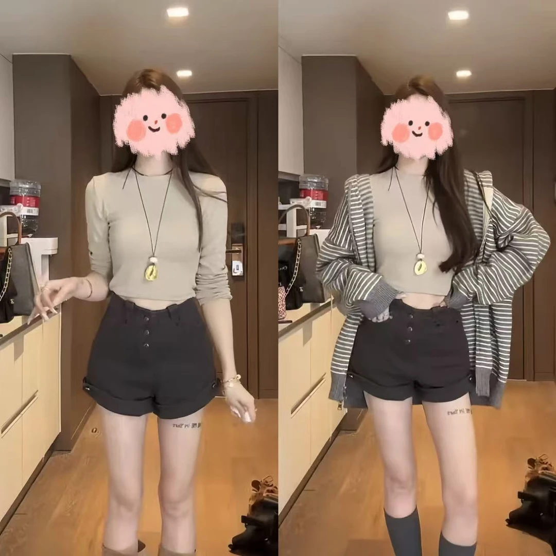 2025早秋韩系氛围感连帽针织外套百搭纯色T恤高腰显瘦短裤三件套