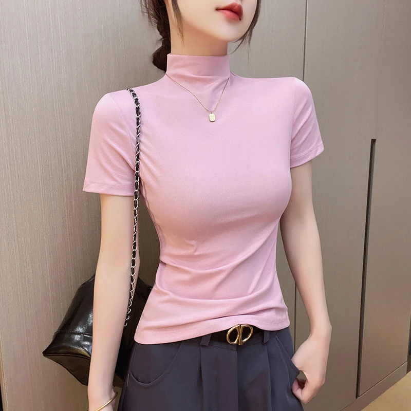 纯色半高领打底透气短袖t恤夏季新款百搭洋气紧身衣服女内搭上衣