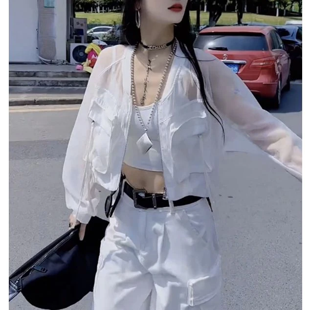 轻薄透气防晒衣短外套女欧货设计感辣妹拉链口袋宽松休闲工装上衣