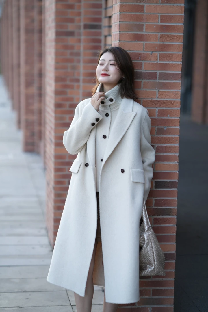 2025秋季新品毛呢外套针织罗纹立领两件套西装款双面羊毛大衣