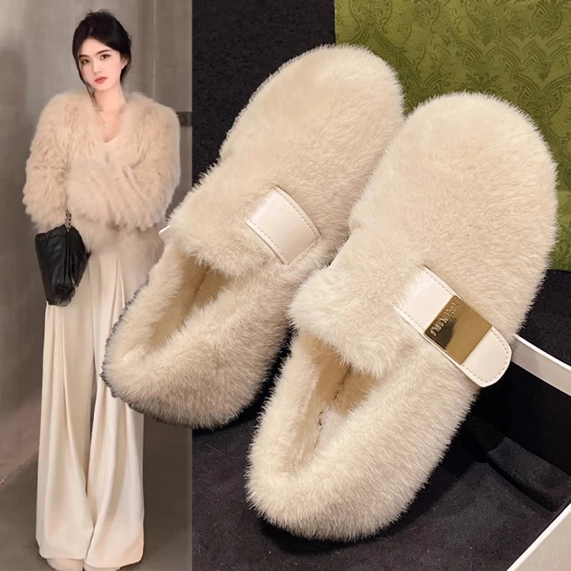 法式白色毛毛鞋女外穿2025新款秋冬一脚蹬高级感毛绒豆豆棉鞋