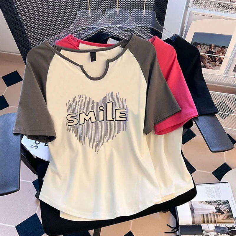 大码200斤复古欧美风插肩袖撞色正肩短袖t恤女夏季百搭显瘦上衣潮