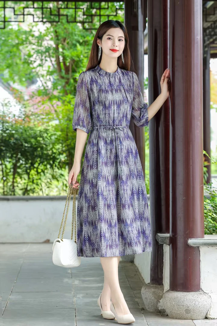 【姑苏真丝】紫色杨柳花高级印花连衣裙时尚显瘦中长款裙子