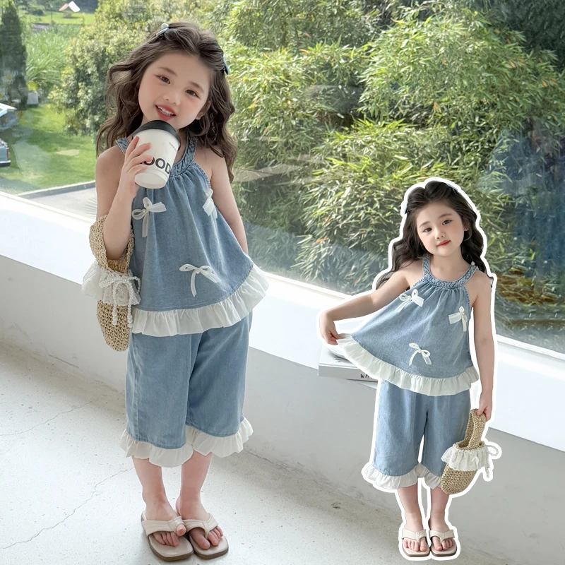 女童夏季牛仔蝴蝶花边套装2025新款吊带女宝时尚洋气休闲两件套韩