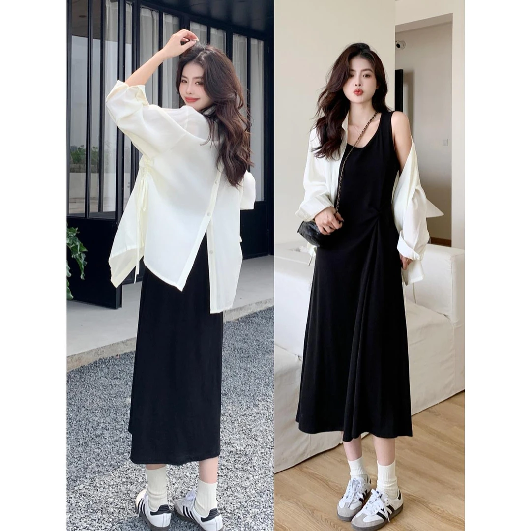 直筒背心连衣裙女2025新款夏季大码胖mm设计感小众宽松衬衫两件套
