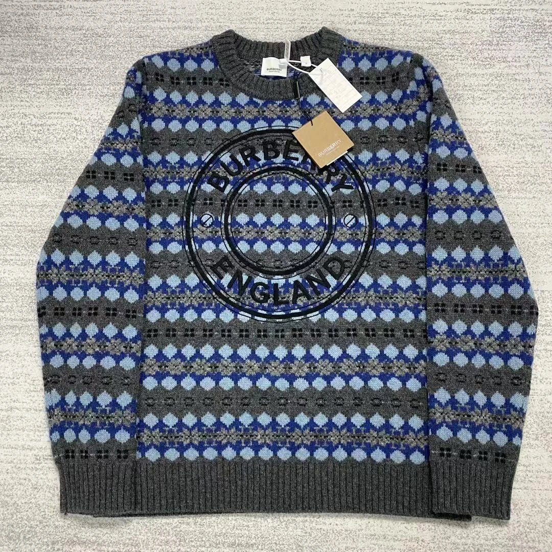 未使用 BURBERRY/博柏利 巴宝莉蓝灰色费尔岛刺绣logo羊毛毛衣 S