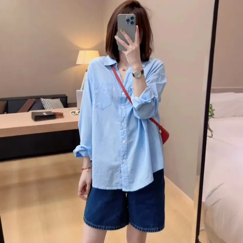 2025夏季新款高级感欧若风水蓝衬衫女2025宽松休闲防晒衣开衫上衣