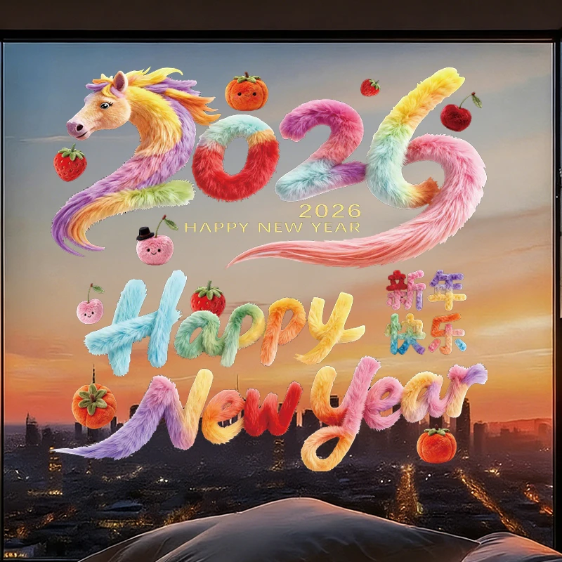 【拍一发二】2026马年仿毛绒印花窗花贴春节玻璃装饰静电贴氛围窗贴