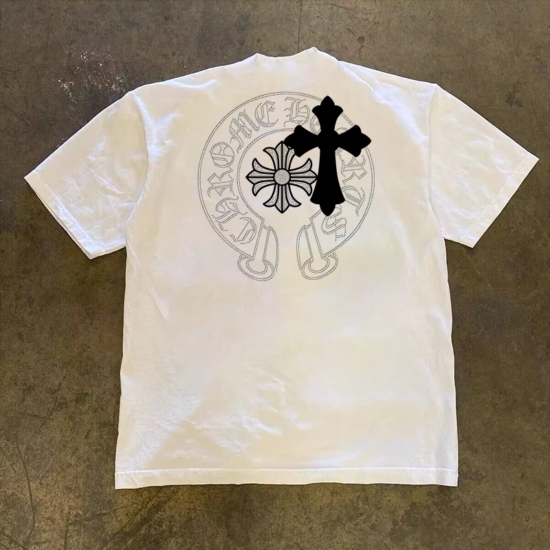 260克重磅纯棉高街帅气圈圈十字架圆领短袖男女印花夏季潮流T恤男