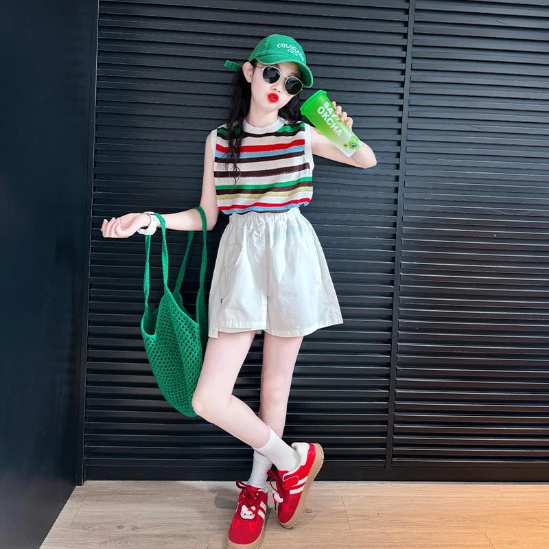 女童短裤夏薄款2025新款儿童五分裤子夏装洋气女大童潮酷穿搭套装