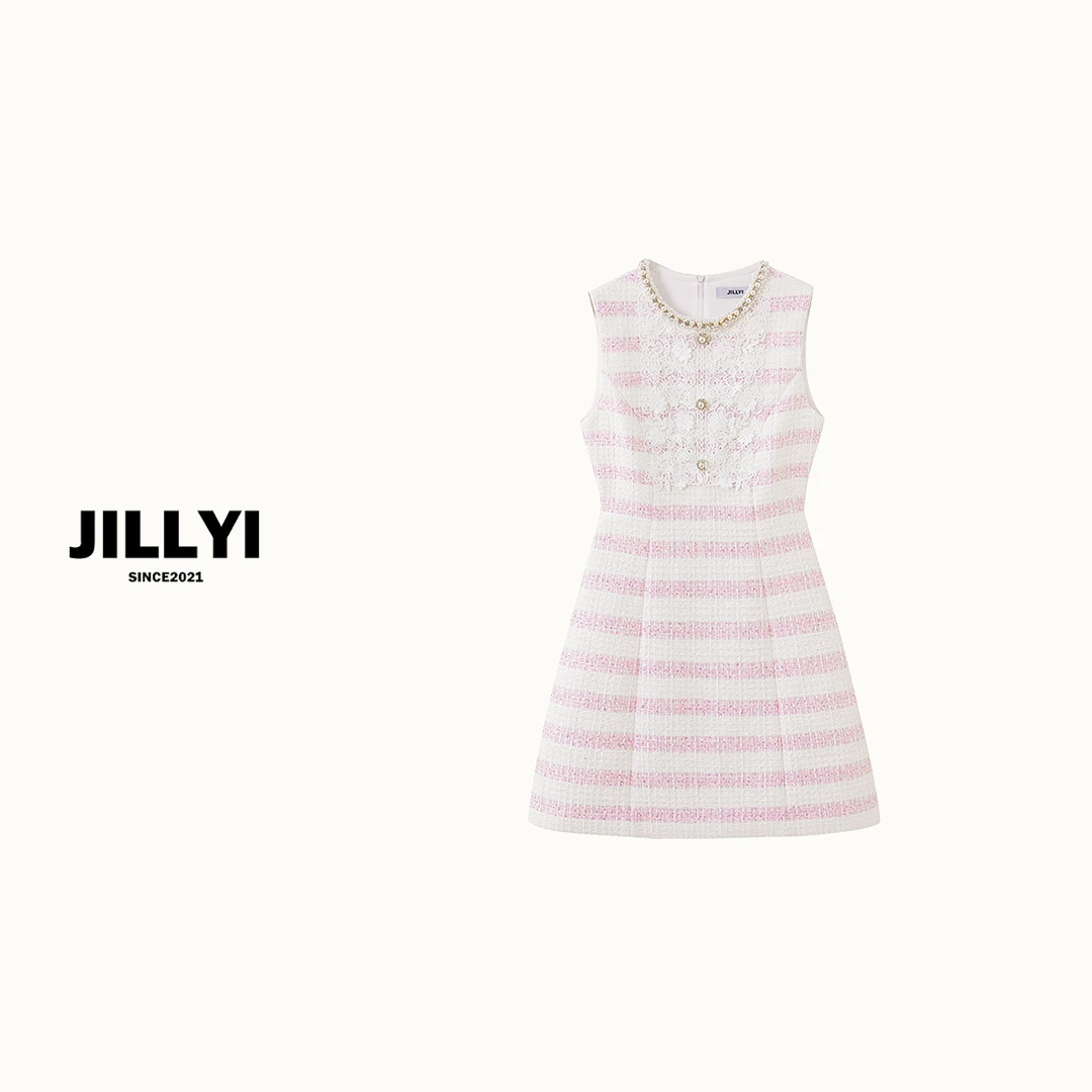 JILLYI珠海店【少女百利甜】紫色条纹拼接胸前蕾丝优雅气质连衣裙