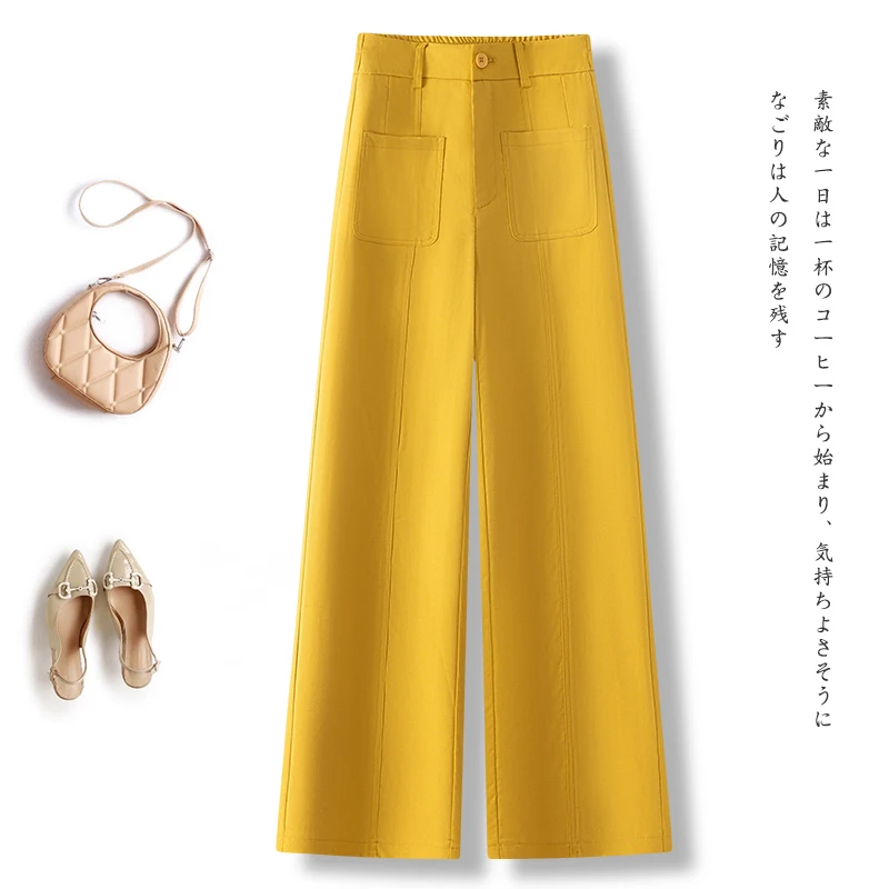 黄色亚麻阔腿裤女夏薄款2025新款小个子宽松九分裤苎麻直筒休闲裤