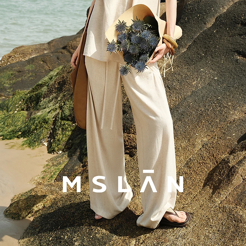 MSLAN 棉麻休闲裤 天丝混纺抽绳松紧腰复古松弛感阔腿裤MHBK568