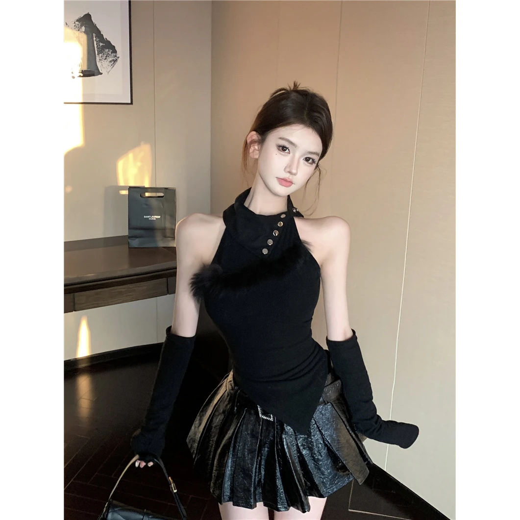 美式甜辣妹不规则小背心女秋季设计感毛毛拼接修身短款上衣带袖套