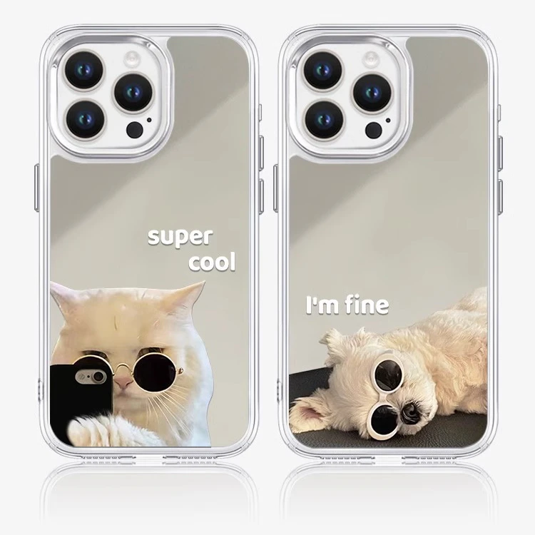 搞怪小狗镜面适用苹果16手机壳iPhone15防摔oppo/vivo一加保护套
