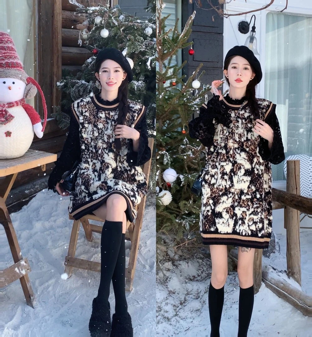 【温小柔定制.落日花园】冬季新款气质时尚显瘦宽松超厚背心连衣裙