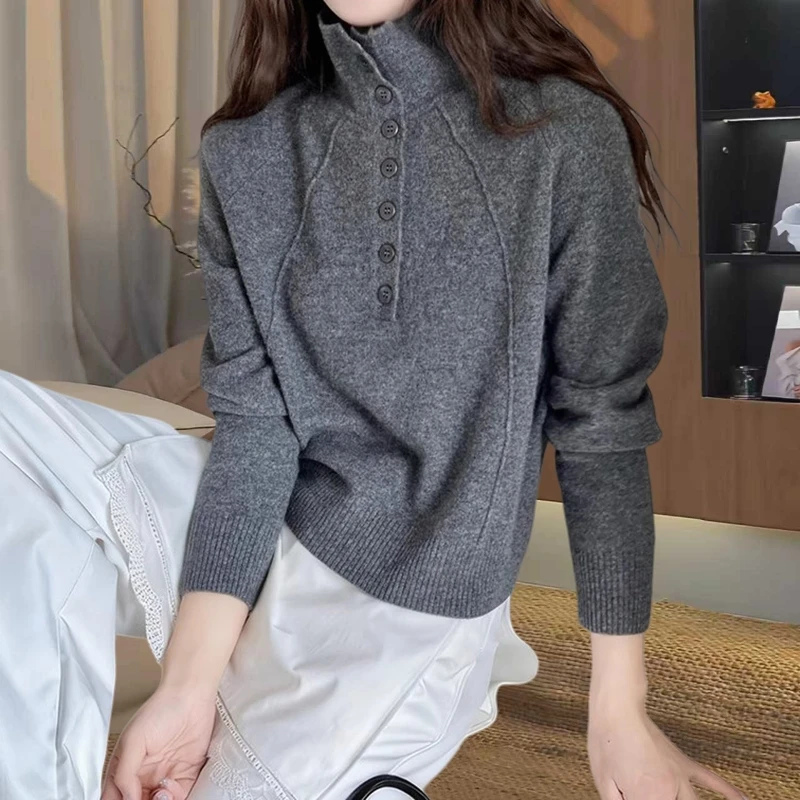 韩版半纽扣高领针织衫女秋冬高级时髦舒适保暖老钱风复古翻领上衣