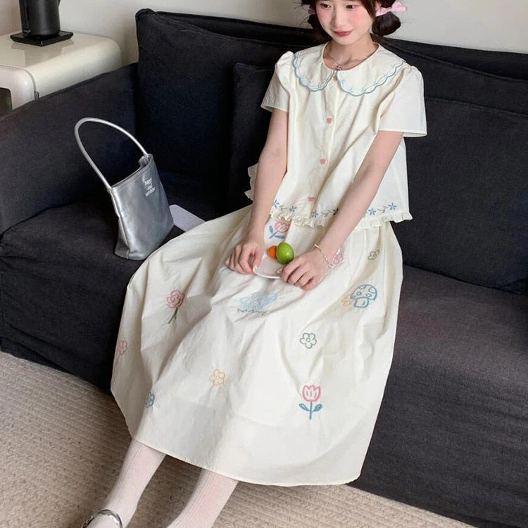 日系甜美可爱裙子娃娃领衬衫上衣宽松甜妹风高腰半身裙两件套装女