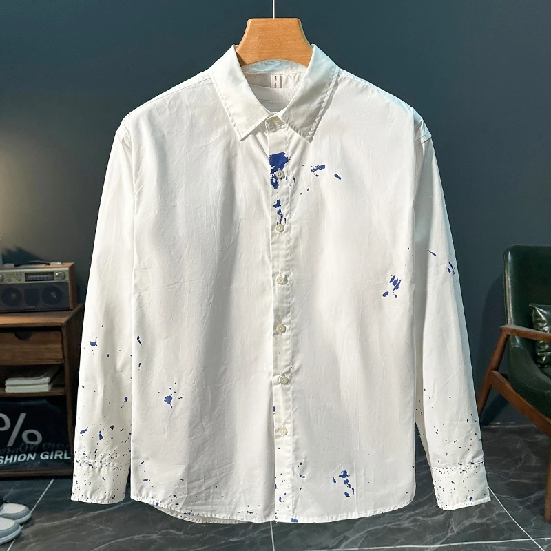 早春日系潮流男士长袖衬衫时尚百搭休闲衬衣文艺宽松翻领上衣外套