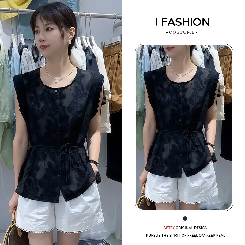 慵懒风小众设计无袖衬衫女2026夏季新款通勤百搭显瘦收腰圆领上衣