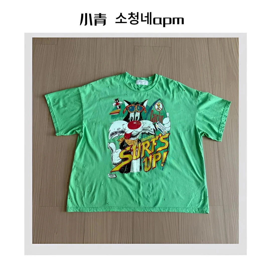 韩国东大门 THE/红鼻子钓鱼小猫破洞T恤