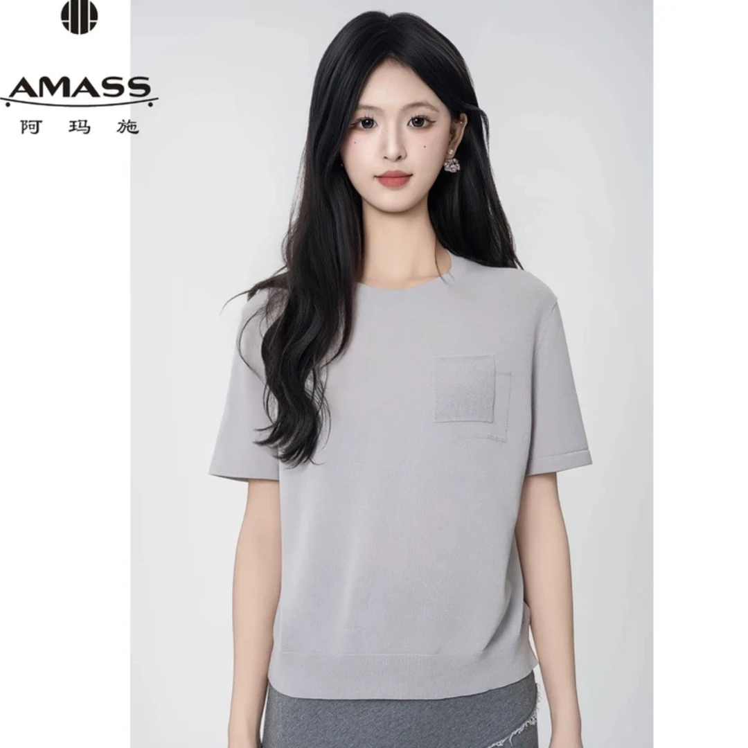 阿玛施AMASS 25早春新款百搭上衣T恤简约修身显瘦针织衫538010