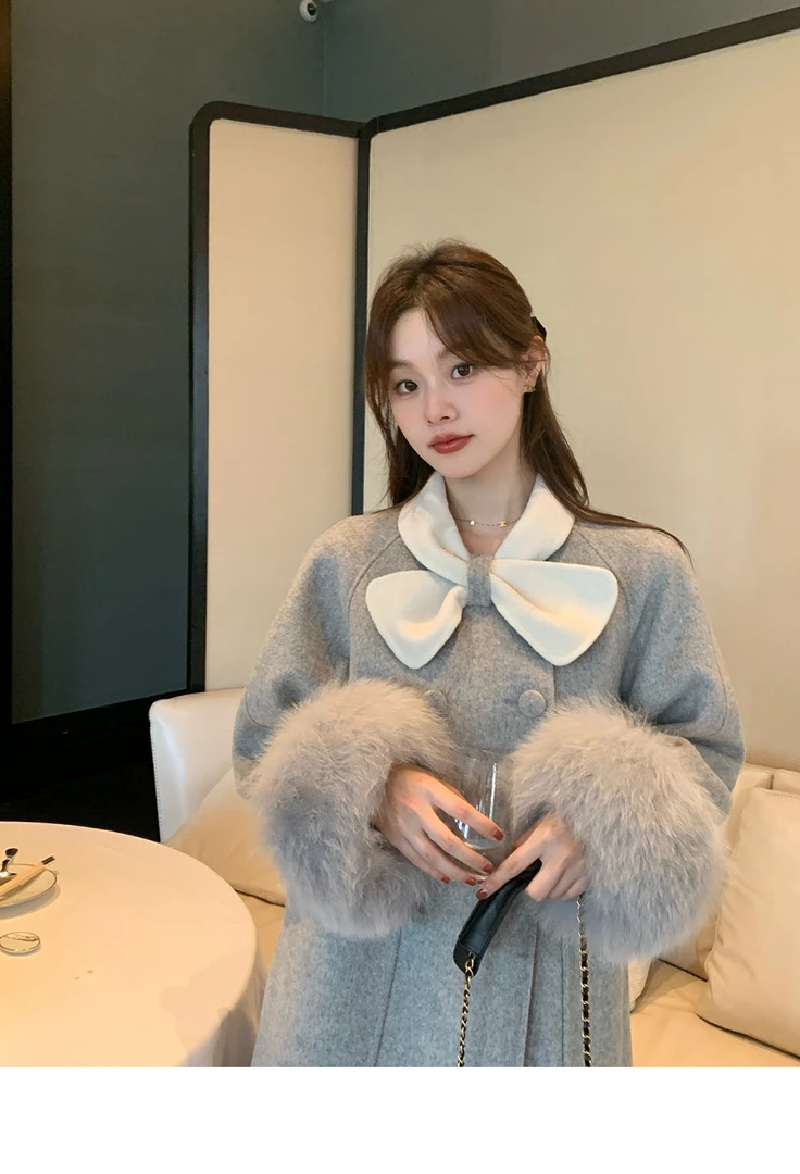 富家千金高级感双面羊毛大衣真狐狸毛袖口中长款