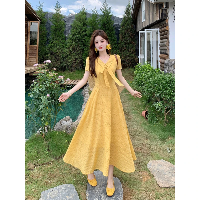 大码法式甜美学院风短袖连衣裙女夏胖mm收腰显瘦蝴蝶结温柔长裙子