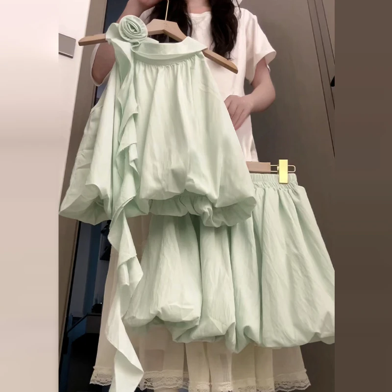 海边度假短裙夏季2025新款流行爆款漂亮薄荷绿无袖连衣裙子女套装