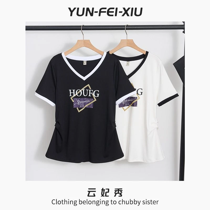 云妃秀大码女装T恤休闲时尚撞色拼接上衣微胖显瘦减龄短袖夏5305
