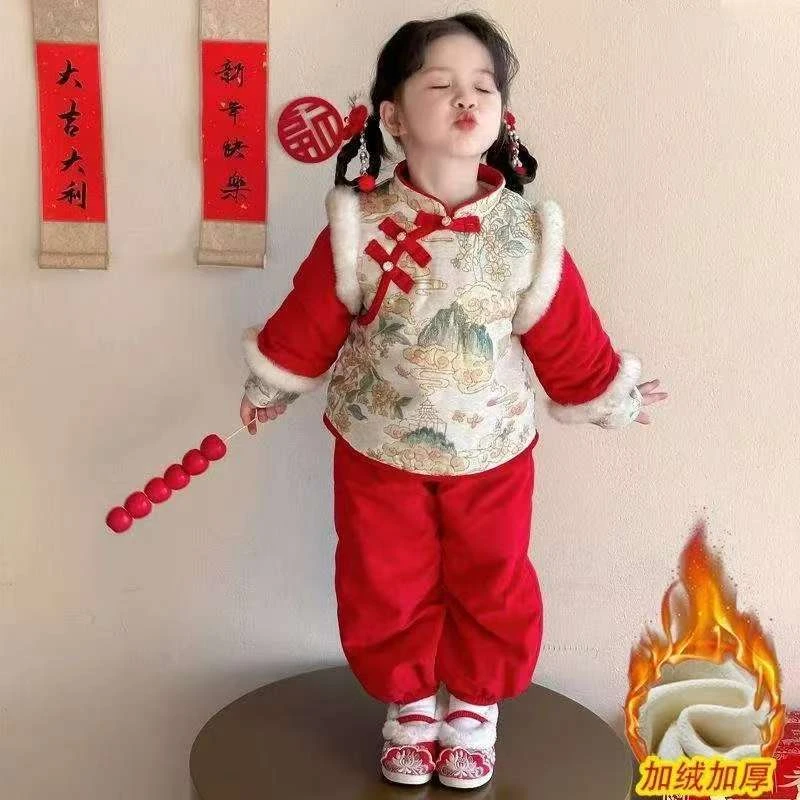 2024男女童冬季新款加绒加厚新中式唐装喜庆拜年套装