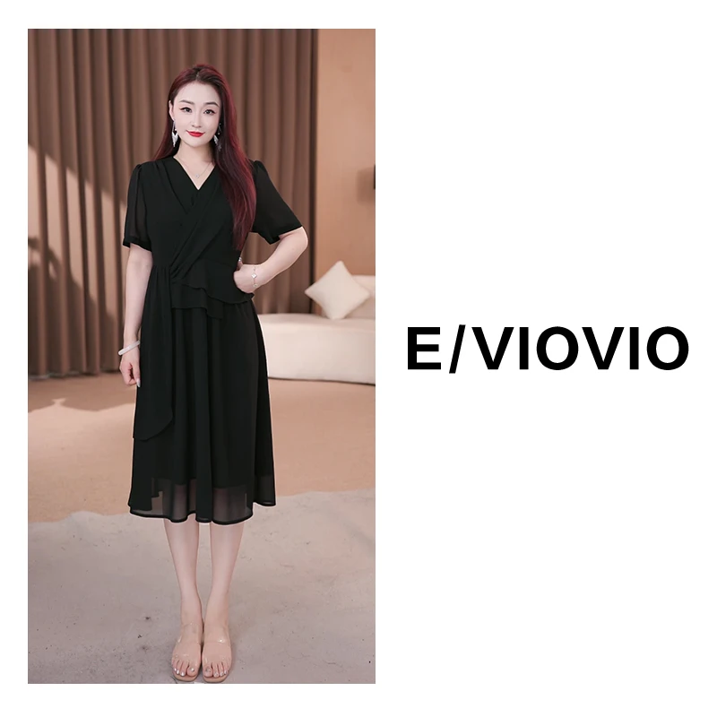 莉莉定制女装夏季新款优雅气质黑色显瘦短袖中长款连衣裙ZB7308