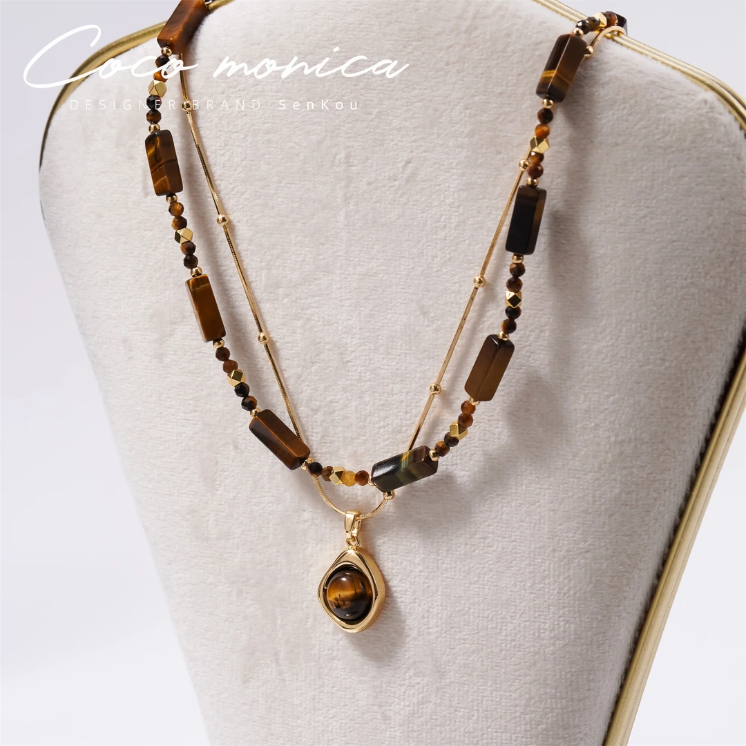 铜合金项链 虎眼石两条气质轻奢时尚百搭复古法式简约经典 AE166