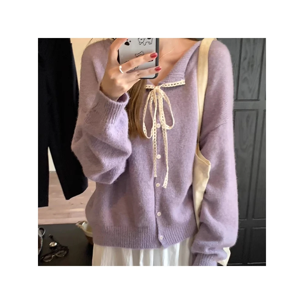 港味风格蝴蝶结毛衣开衫外套女秋冬新款软糯针织衫保暖绒毛上衣