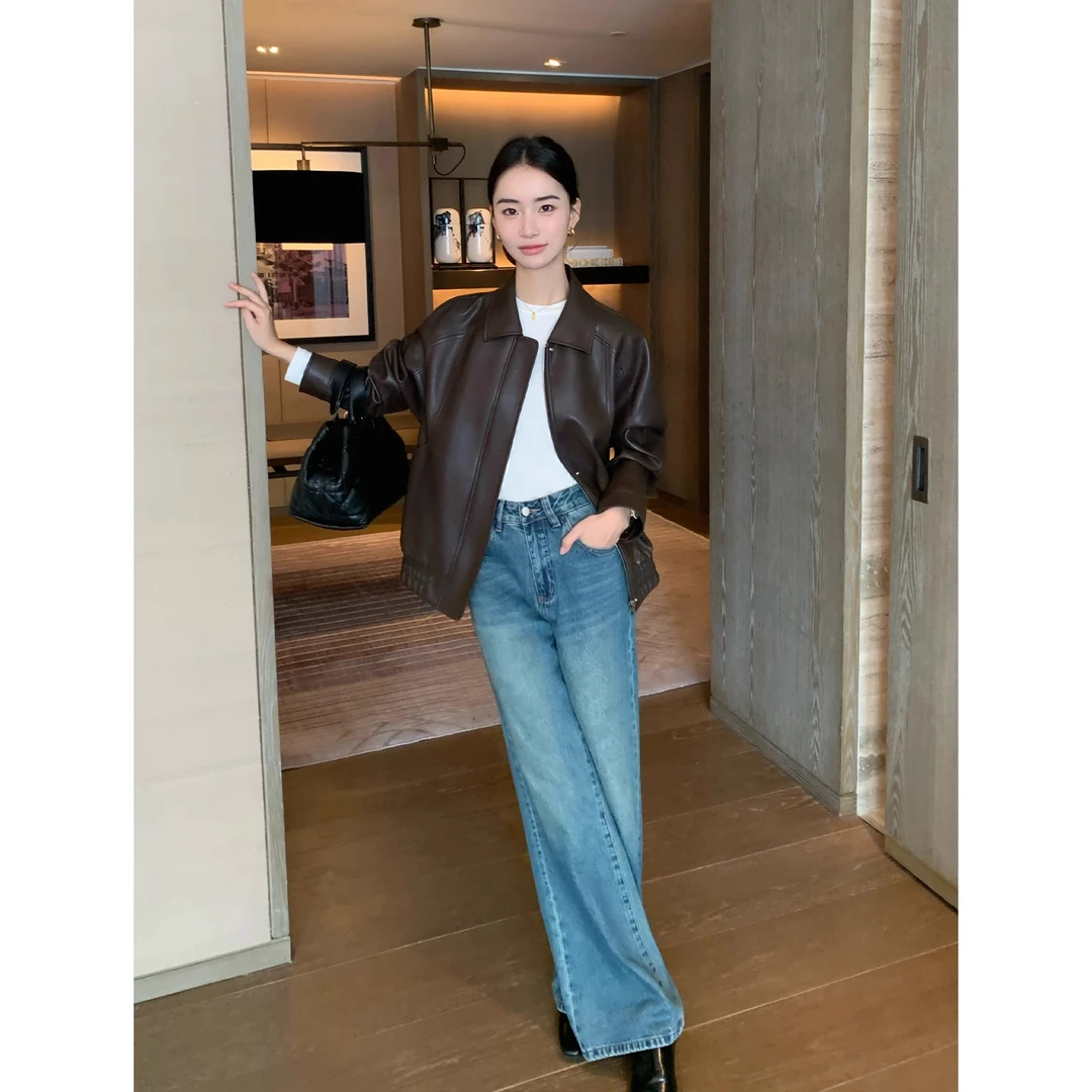 时尚休闲复古pu皮短外套女2025秋冬新款宽松短款夹克皮衣百搭