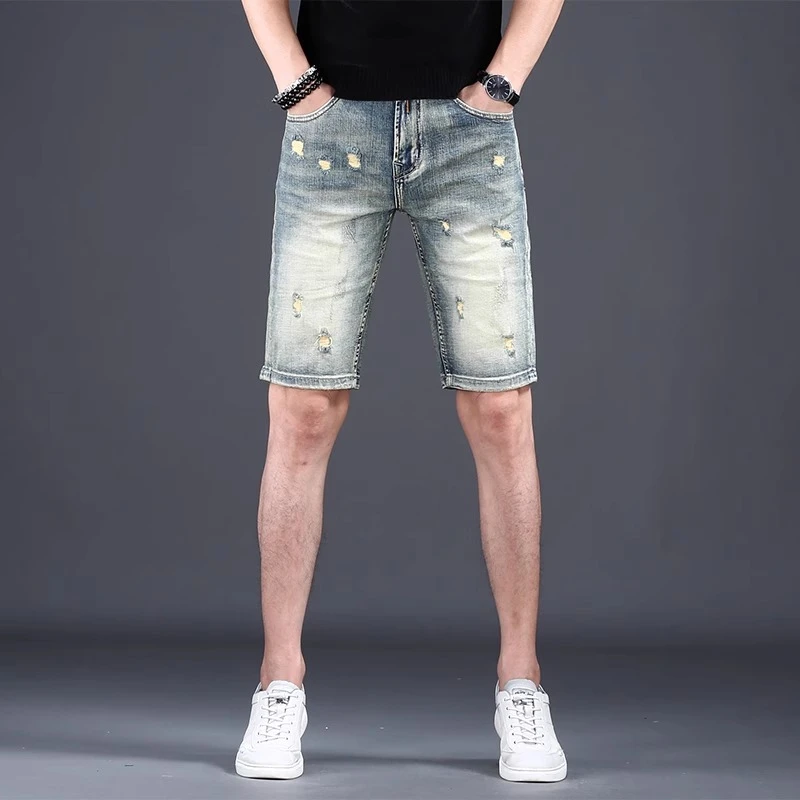 One What高级感欧货牛仔短裤男潮牌修身直筒五分裤夏季薄款中裤子