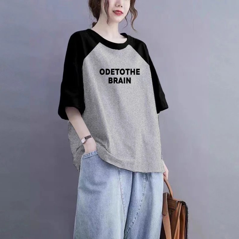 100%棉插肩袖短袖T恤女夏大码200斤美式复古减龄时尚休闲拼接上衣