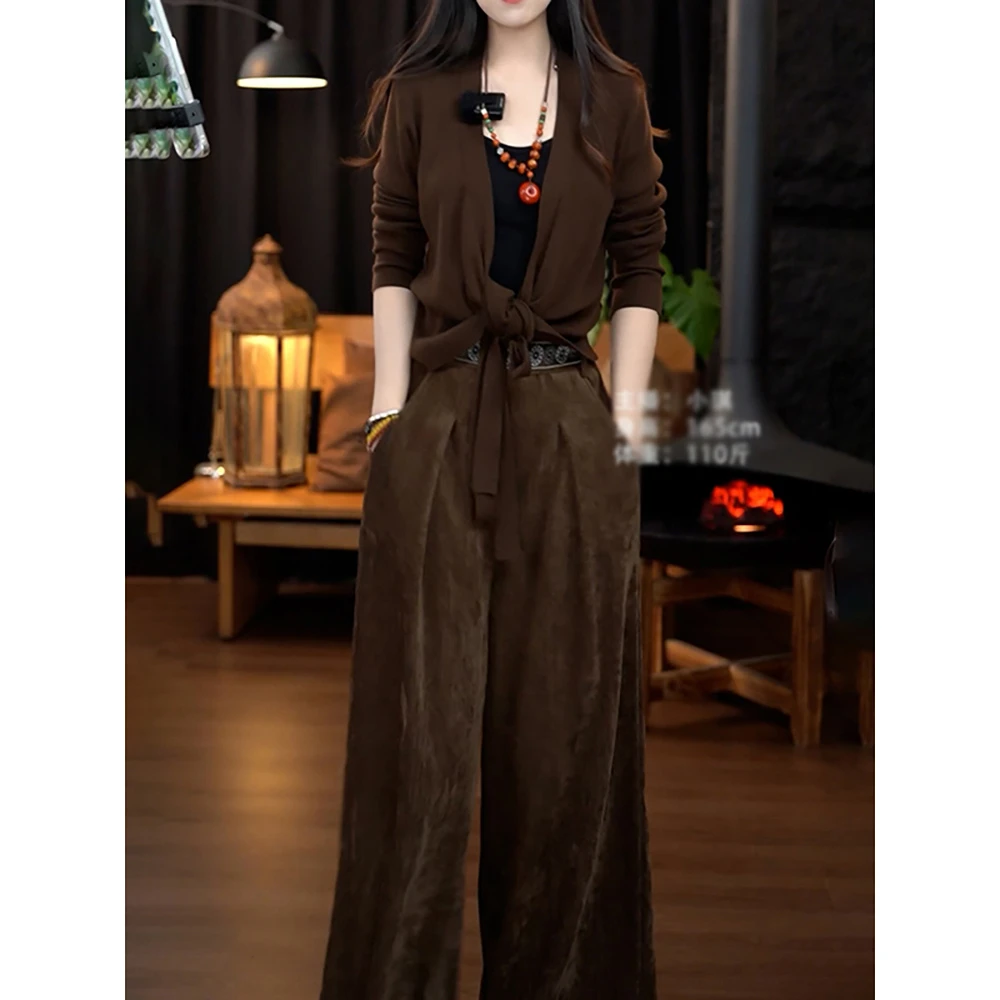 时尚洋气文艺风裤套装2025秋冬新款一片式绑带长袖针织衫+阔腿裤